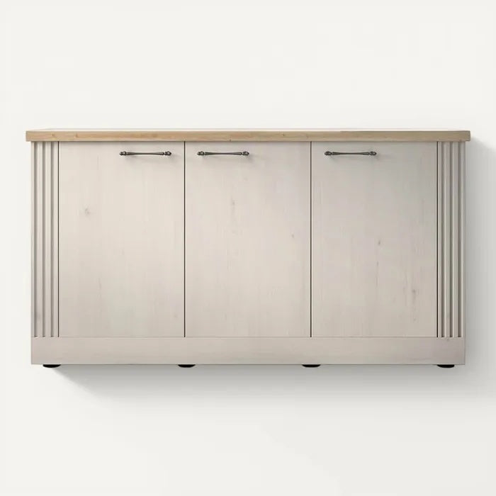 **Technische titel in het Nederlands: Moderne witte kast met houten bovenblad en drie deuren**