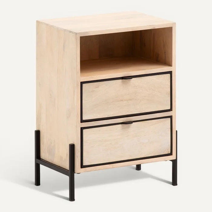 **Titel: Minimalistische Nachtkastje met Houten Lades en Stalen Onderstel**